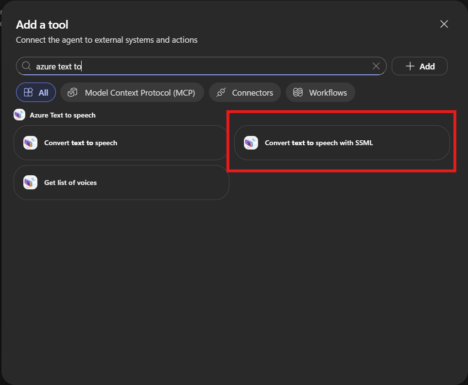 Copilot Studio 에이전트에 Azure Text to speech 커넥터를 도구로 추가