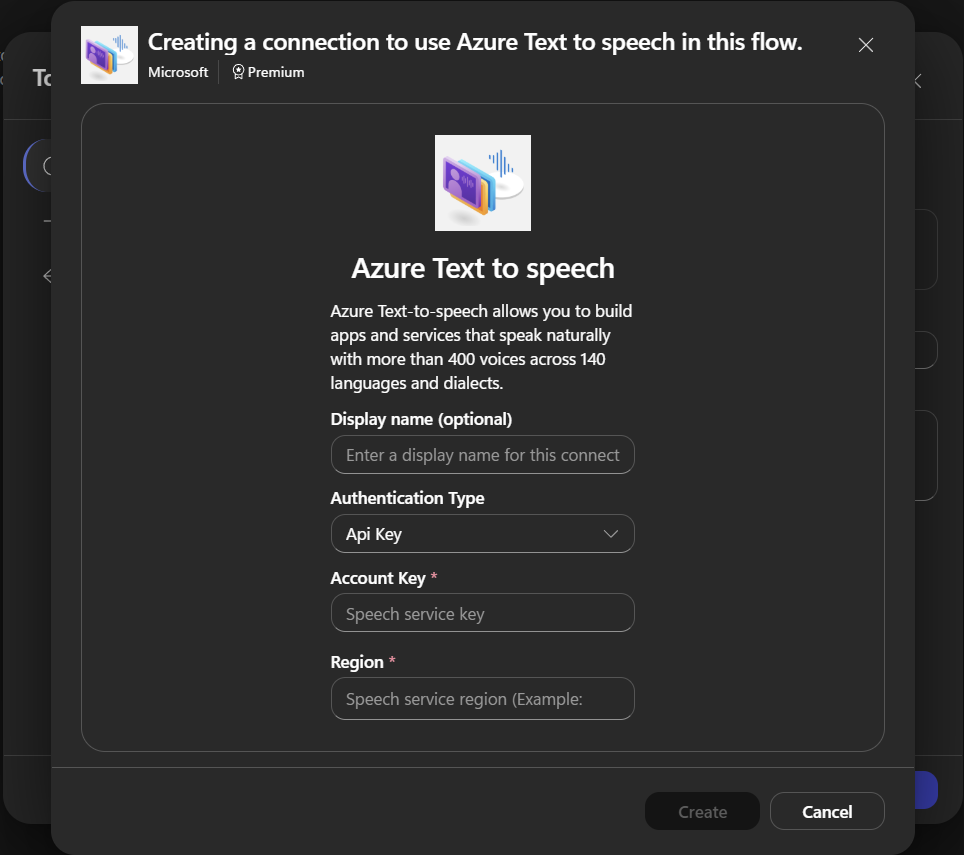 Account Key와 Region으로 Azure Text to speech 연결 생성