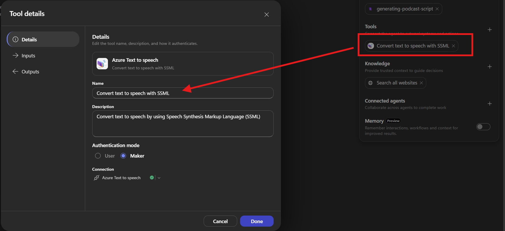 에이전트의 Tools 탭에 등록된 Convert text to speech with SSML 도구