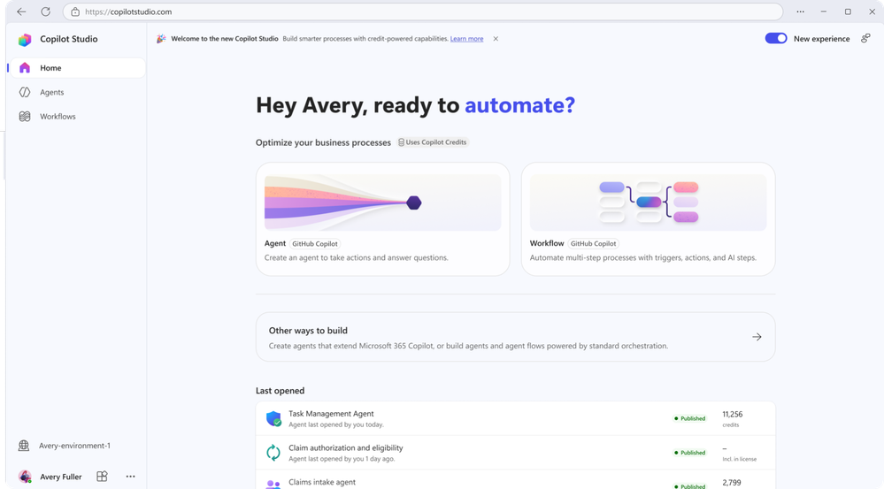 새로워진 Copilot Studio 홈 화면 — Agent와 Workflow 생성 진입점