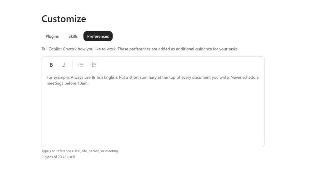 Cowork의 Customize > Preferences에서 작업 선호를 입력하는 화면