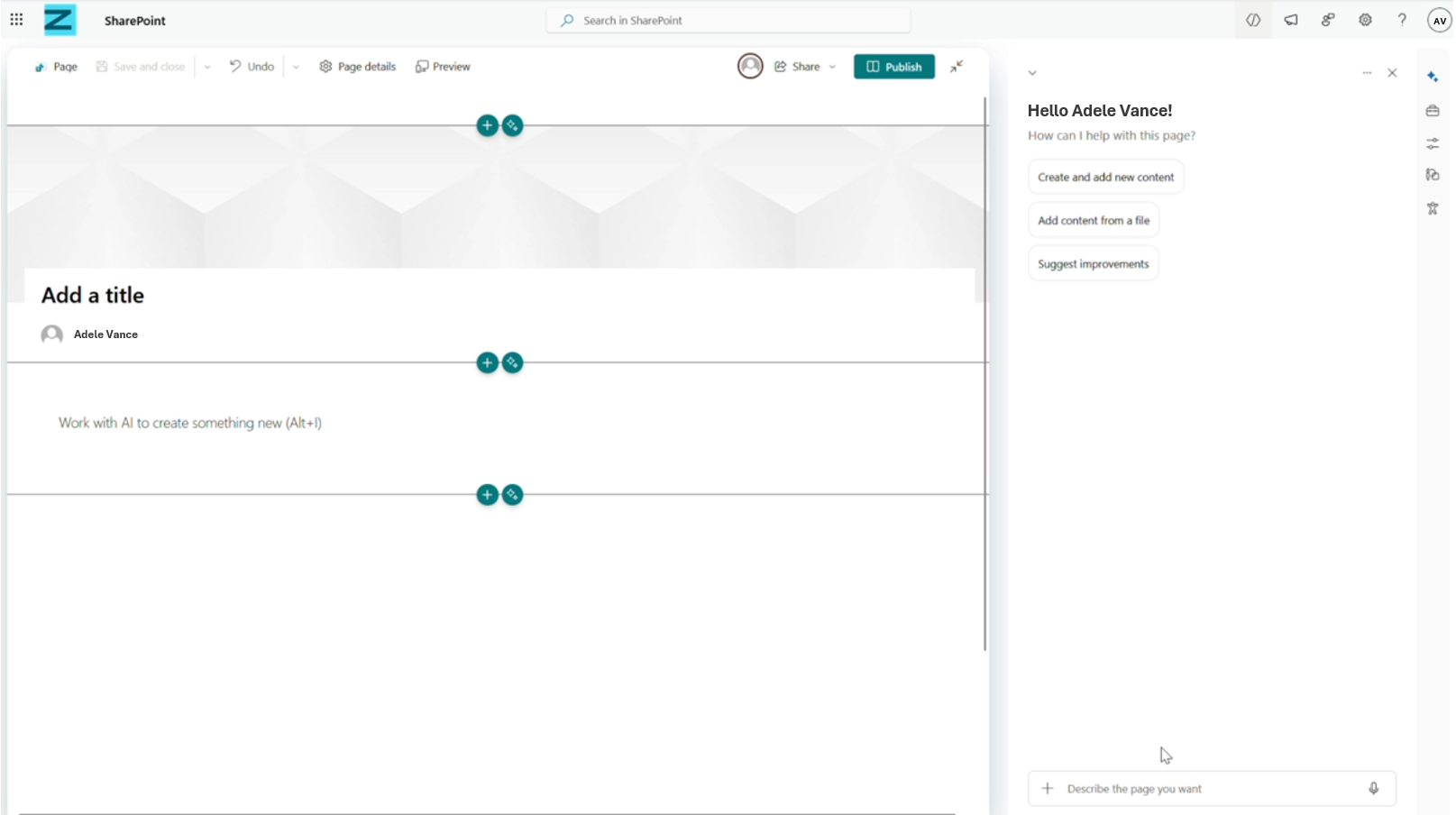 SharePoint 페이지 편집 화면의 Copilot AI 작성 패널