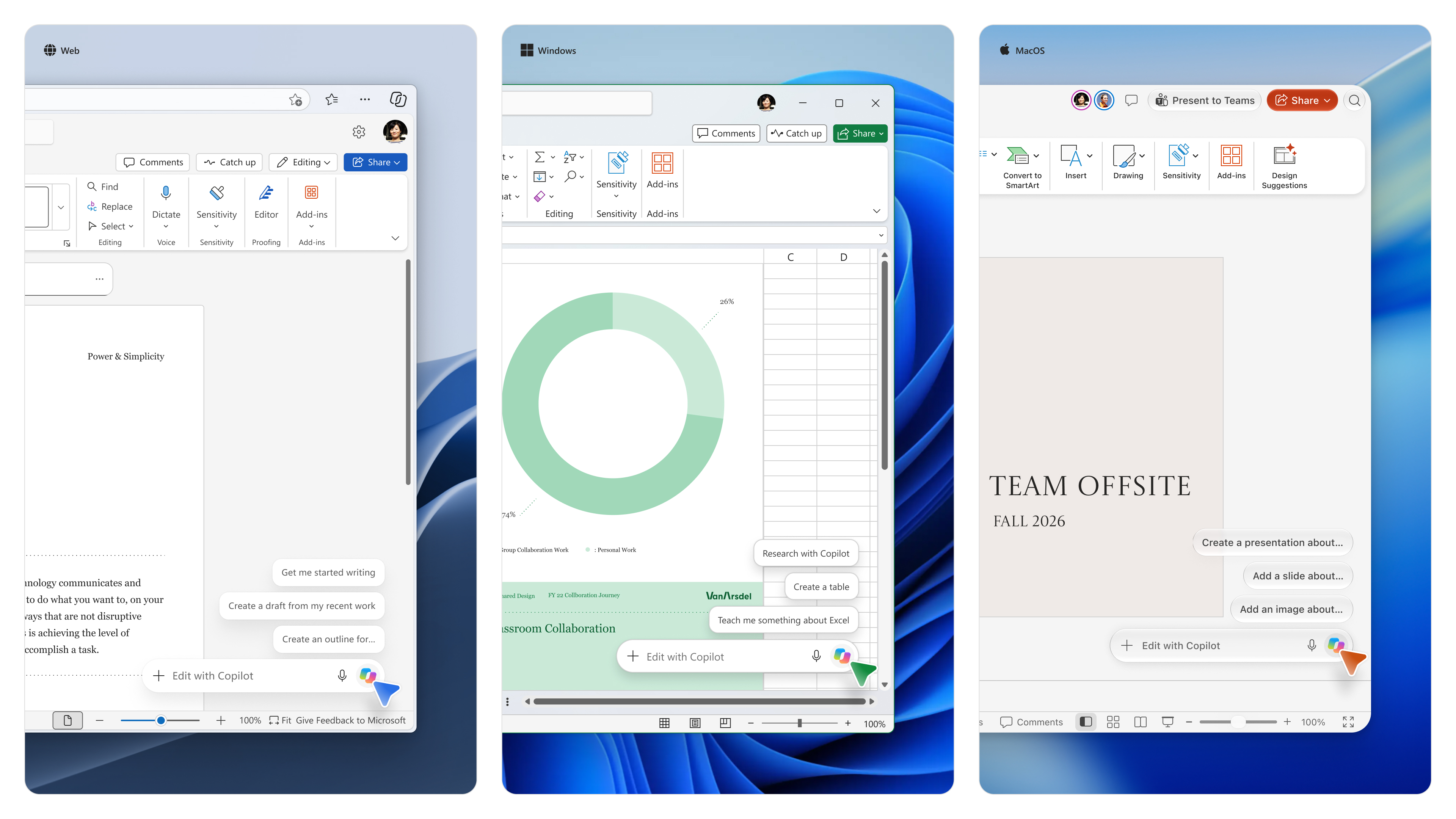 Microsoft 365 앱의 Copilot 버튼 프롬프트 입력 경험