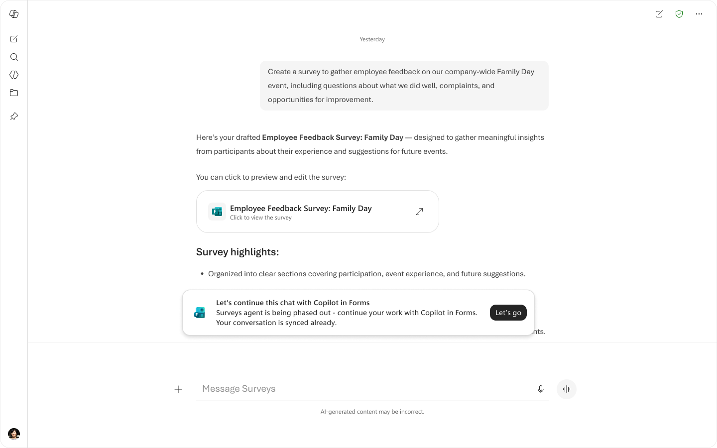 기존 Surveys 에이전트 사용자의 채팅 화면