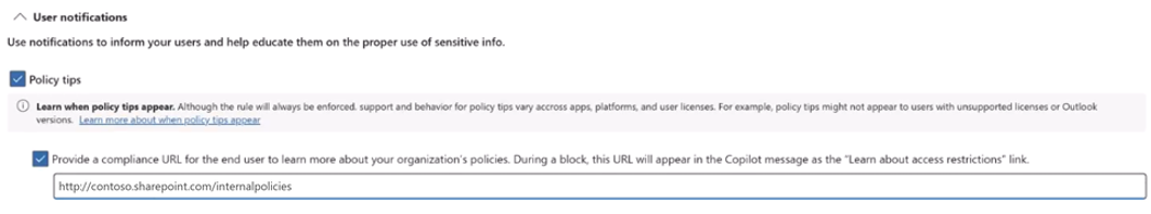 Purview DLP 규칙의 User notifications와 compliance URL 설정