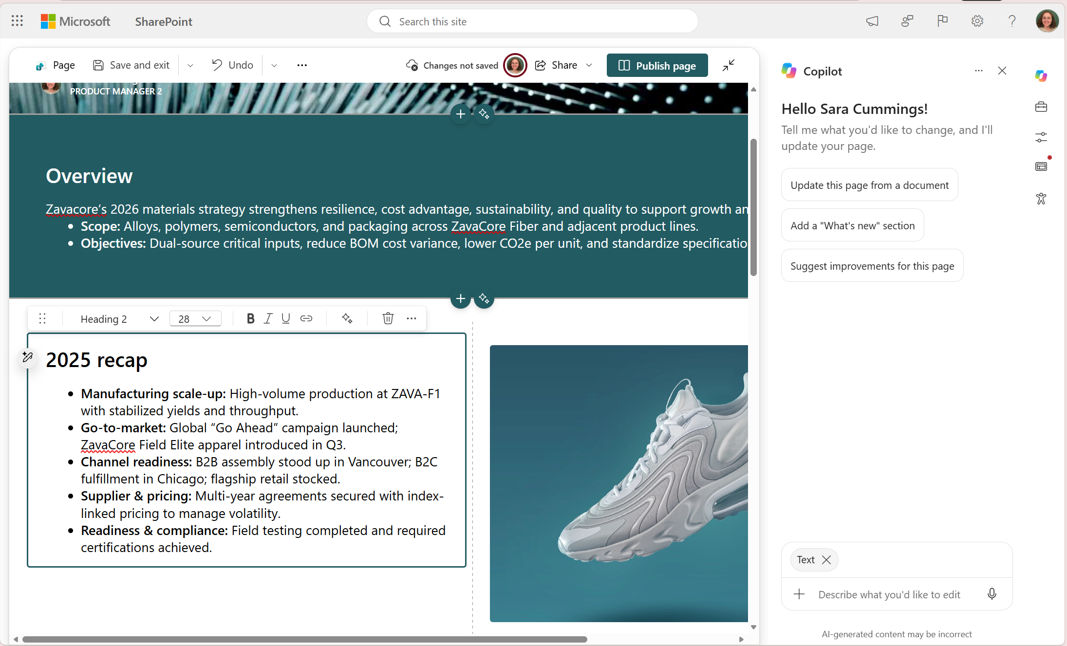 SharePoint 페이지에서 선택한 요소를 Copilot 편집 맥락으로 전달하는 화면