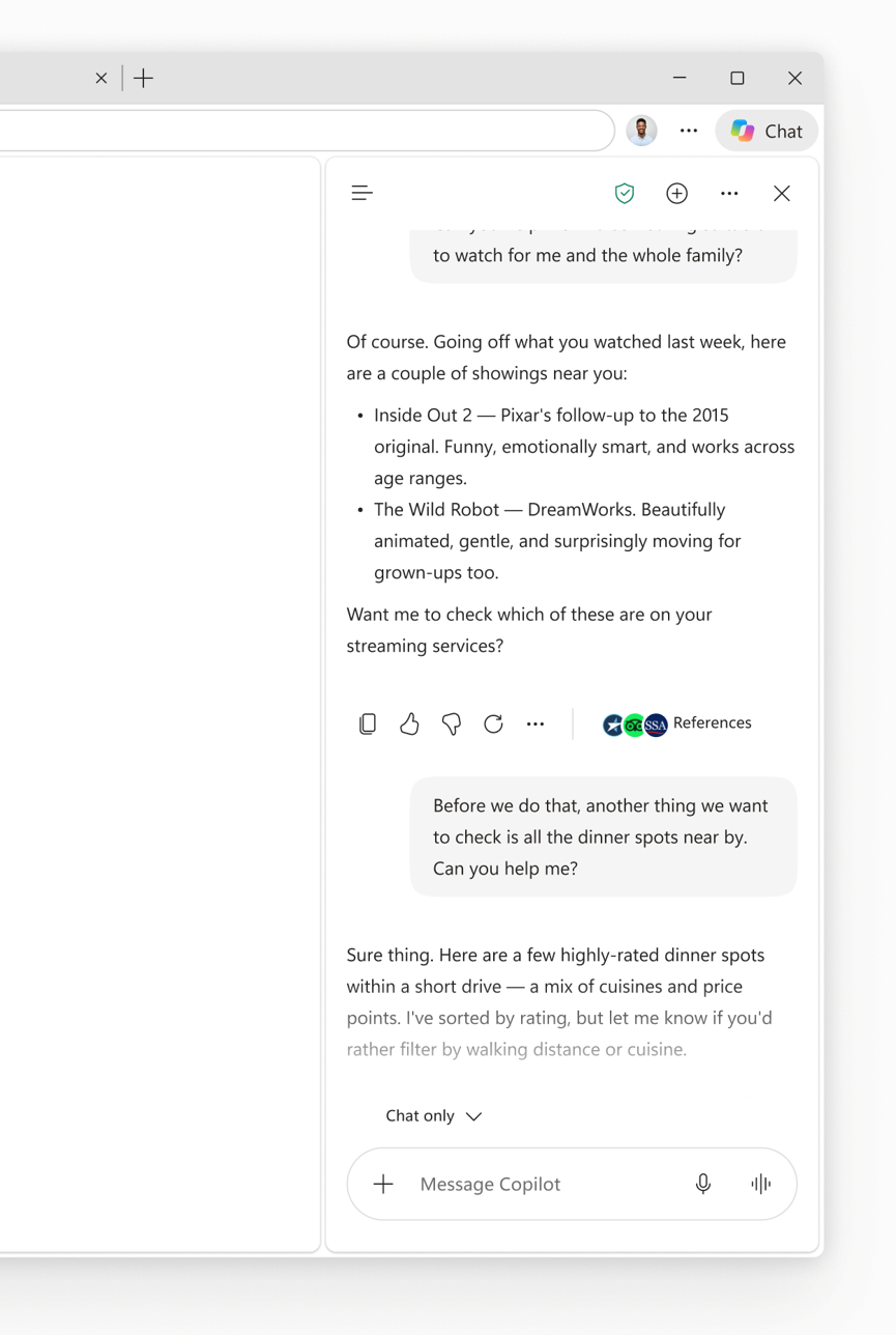 Microsoft Edge Copilot의 단순화된 사이드 패널