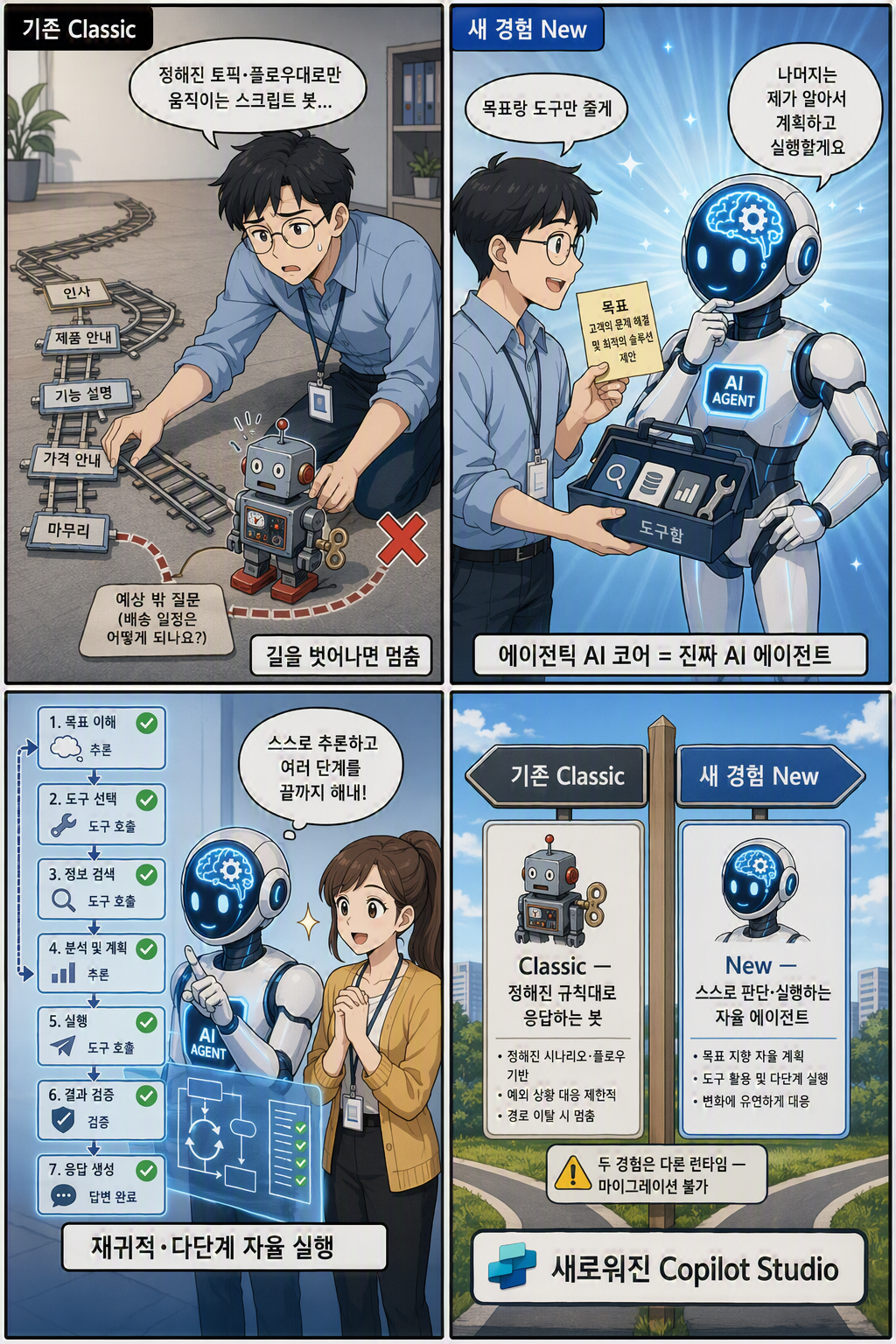 Classic vs New 비교 만화: 토픽·플로 노드를 일일이 짜야 했던 기존(Classic) 방식과, 자연어 한 줄로 에이전트를 구성하는 새 경험(New)을 대비하고, 화면 구분법과 선택 기준·마이그레이션 불가까지 보여주는 4컷 만화