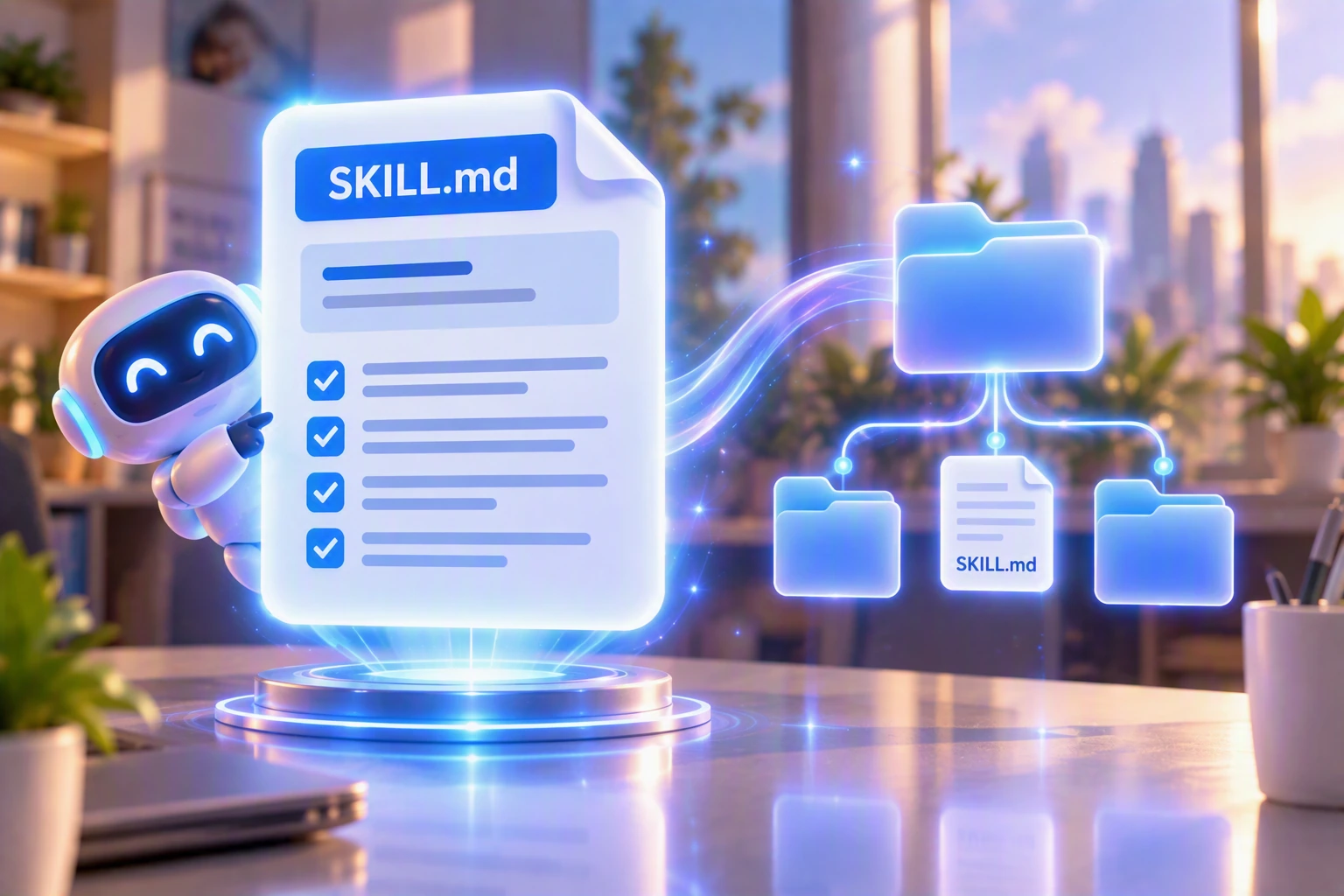 SKILL.md 파일과 보조 자료를 폴더 안에 구성하는 방식을 표현한 일러스트