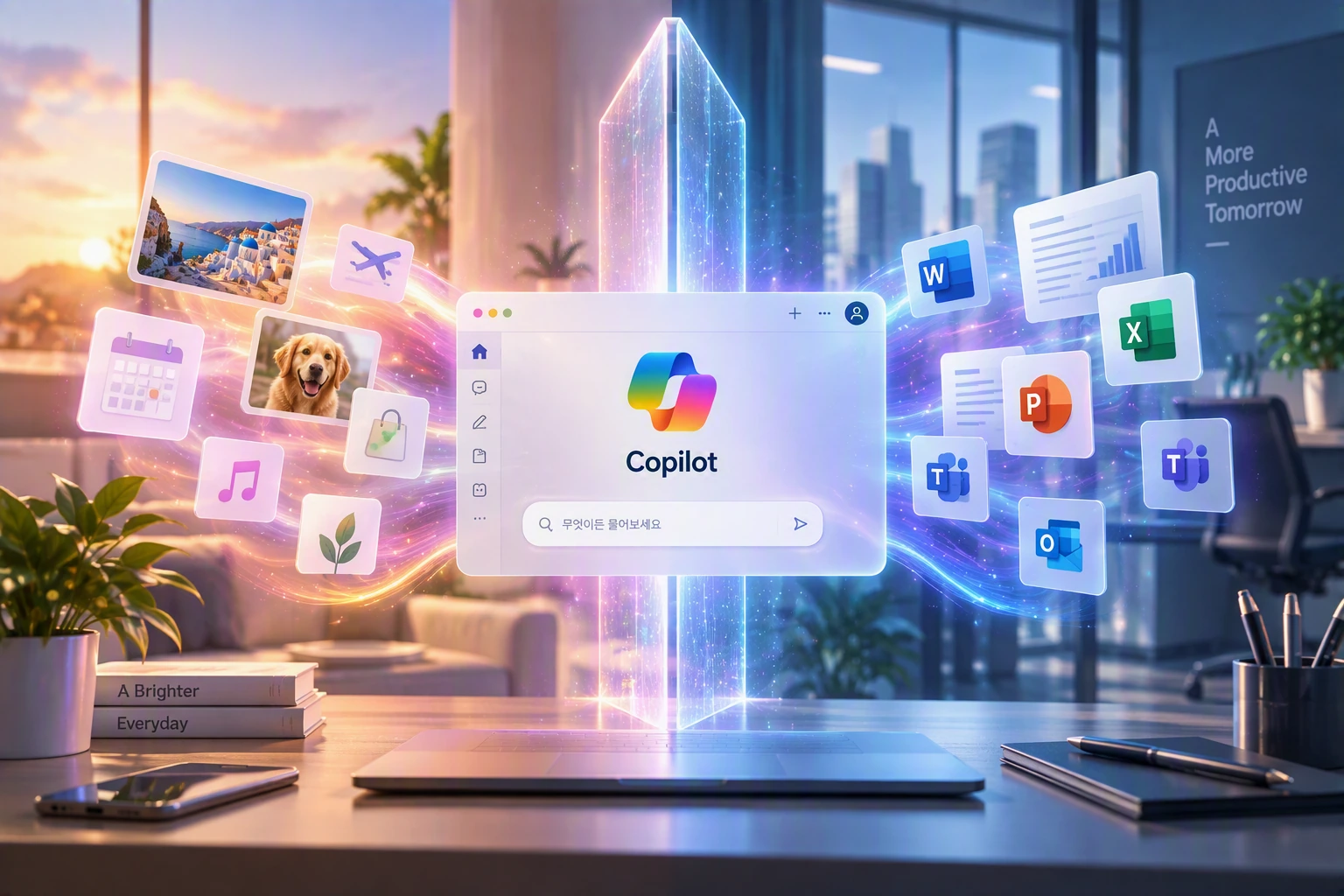 하나의 Copilot 앱을 중심으로 개인 생활과 회사 업무가 구분되는 모습을 표현한 일러스트