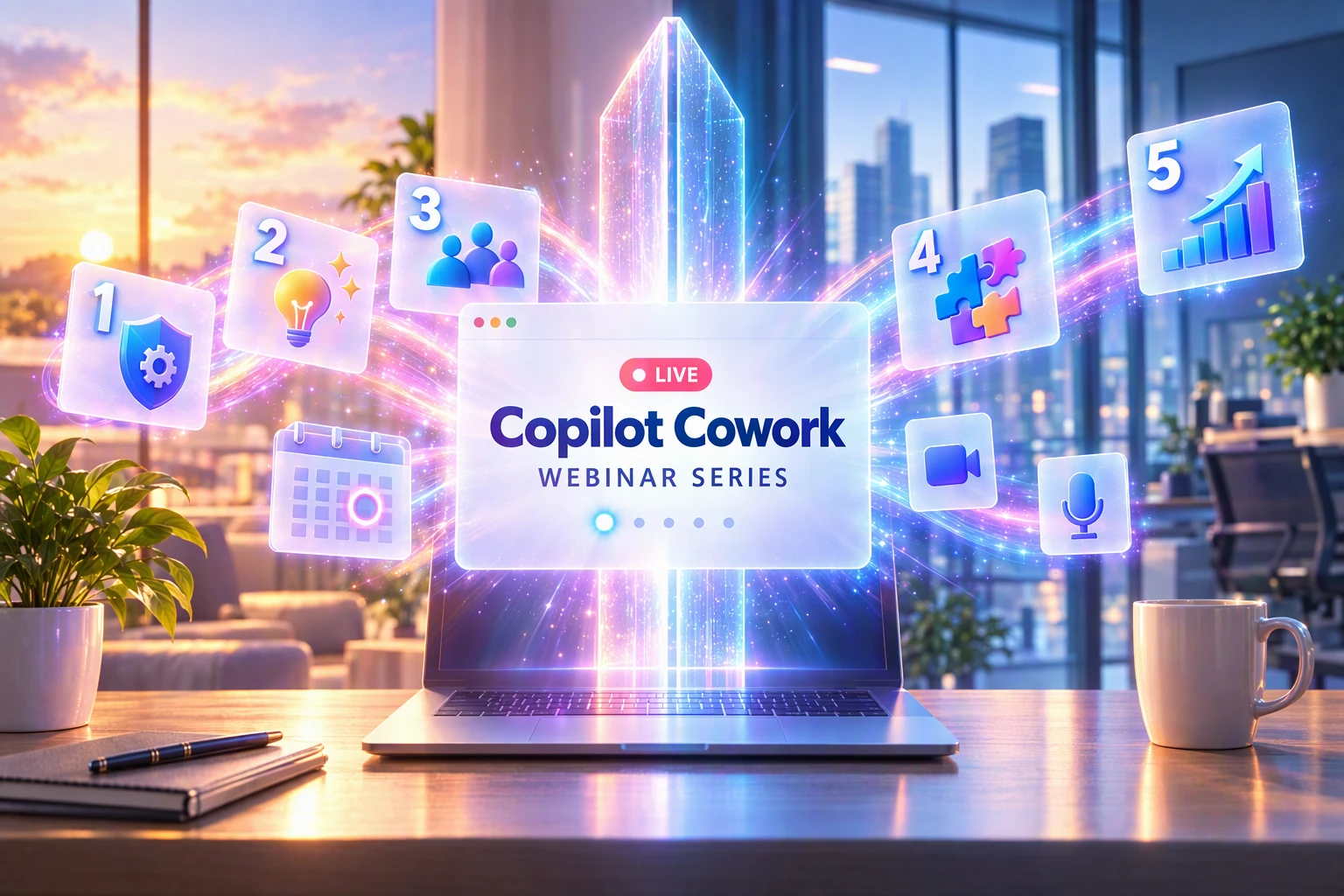 노트북 위 Copilot Cowork 웨비나 안내와 다섯 단계의 학습 주제를 표현한 일러스트