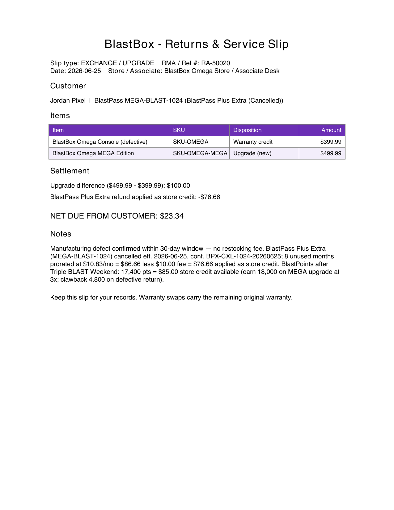 BlastBox Returns & Service settlement slip: warranty exchange of the defective console for the MEGA Edition, BlastPass cancellation refund applied as store credit, net due $23.34.