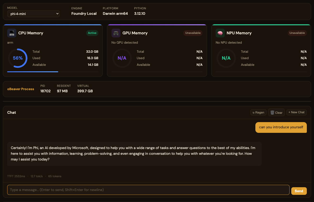 Foundry Local chat — benchmark result with TTFT and tok/s