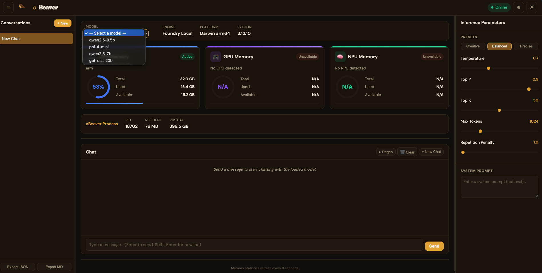 Foundry Local model selector showing cached models
