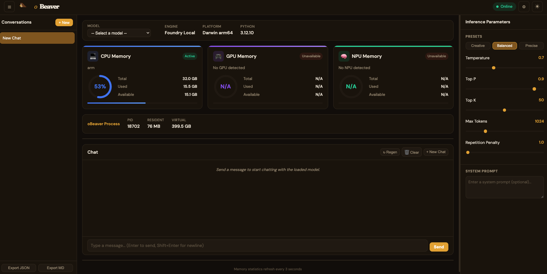 oBeaver Dashboard home page
