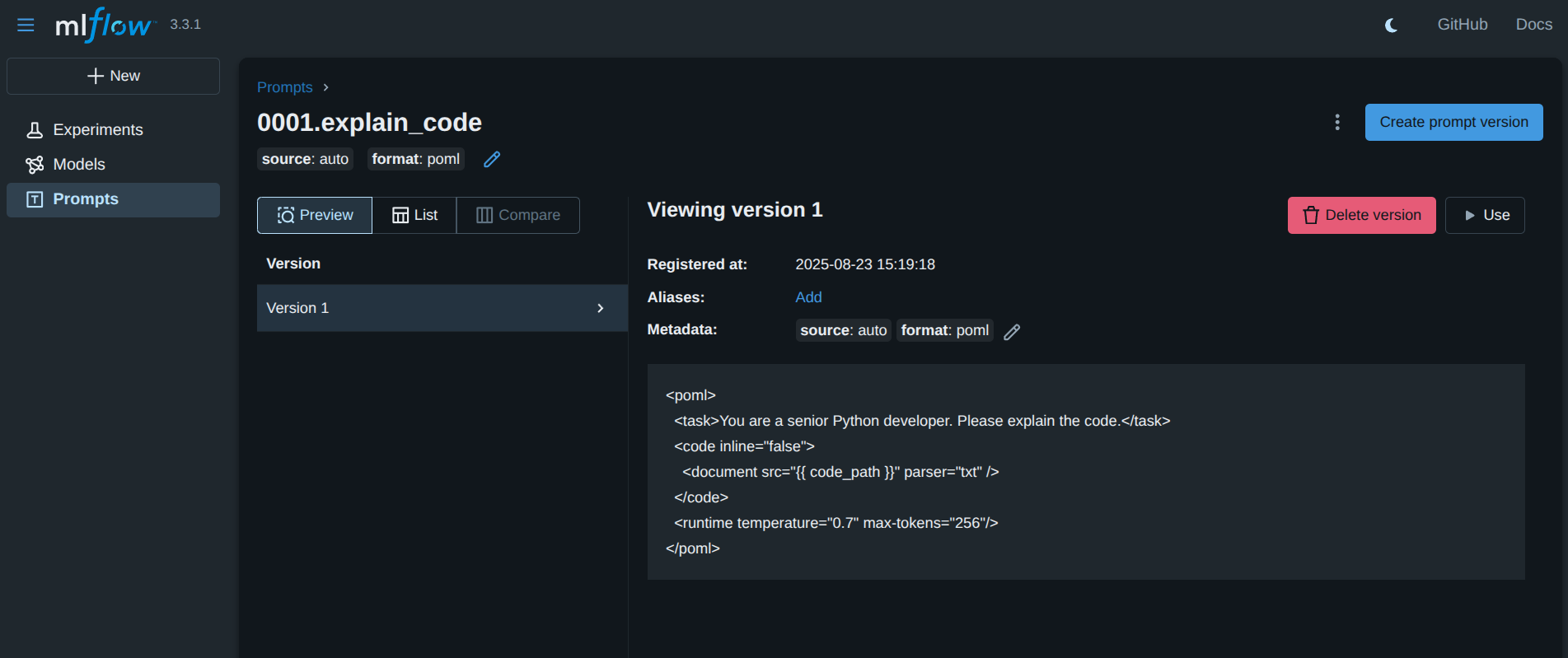 MLflow prompt registry showing POML template