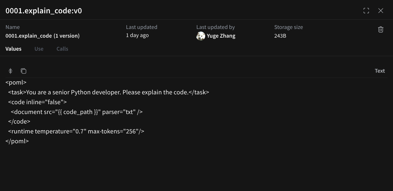 Weave prompt object showing POML template