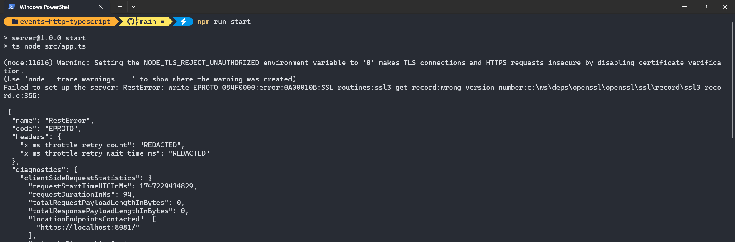 The error which happens if you don't start the Cosmos DB emulator with HTTPS support