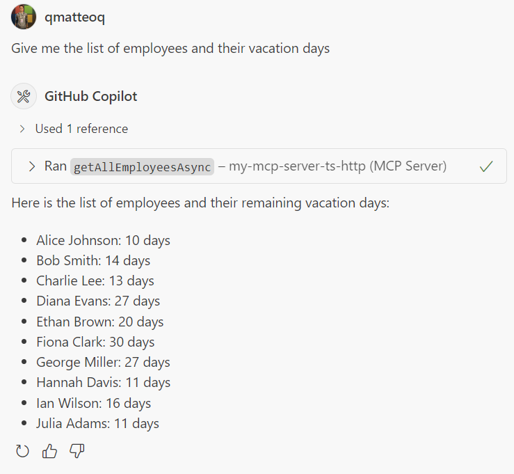 Screenshot of question to provide the list from employees and the answer from GitHub Copilot