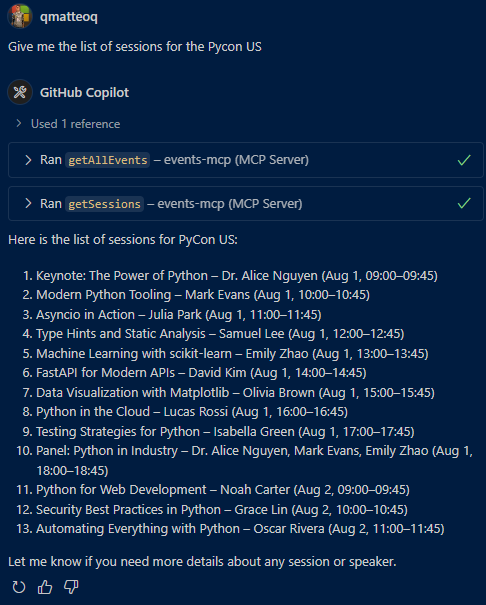 GitHub Copilot uses the MCP server to return the list of sessions for a given conference