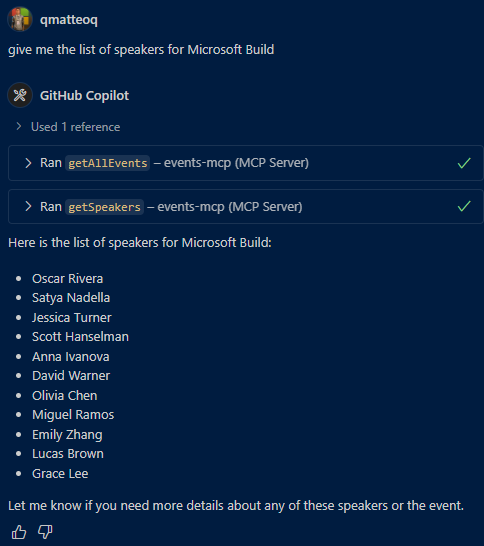 GitHub Copilot uses the MCP server to return the list of speakers for a given conference