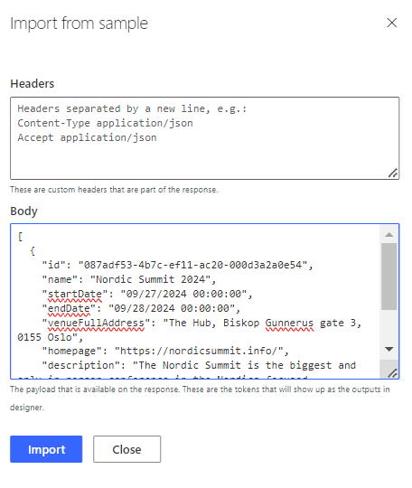 "Import Response from Sample"
