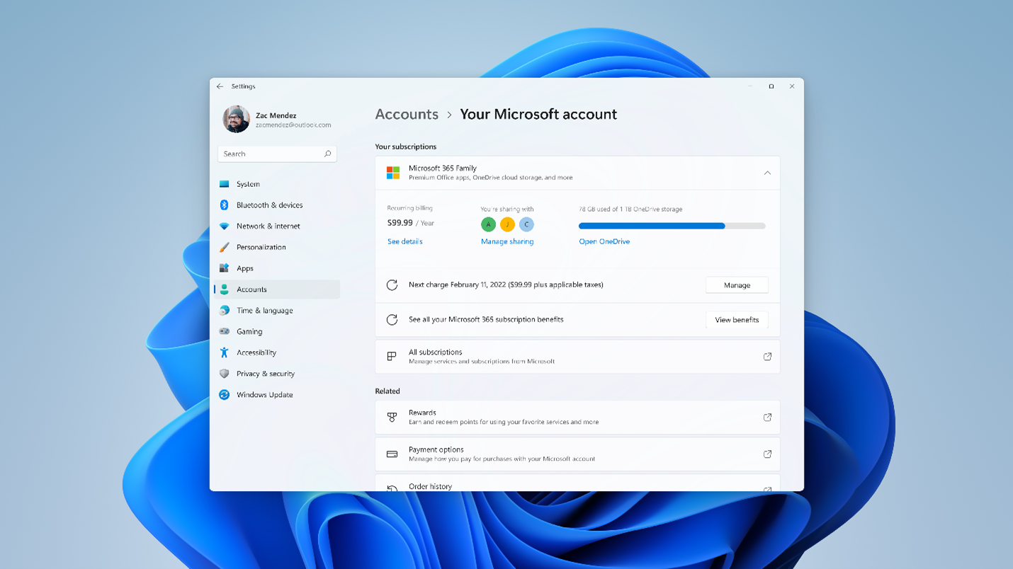 The "Your Microsoft account" page in Windows 11 Settings