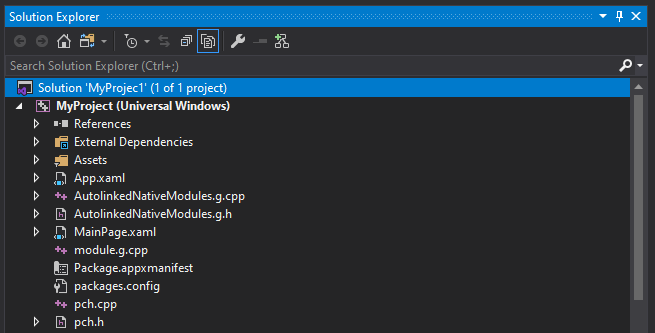 Visual Studio Solution Explorer showing the vcxproj project selected