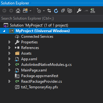 Visual Studio Solution Explorer showing the csproj project selected