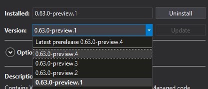 Visual Studio Managed NuGet dialog with the version drop-down selected.