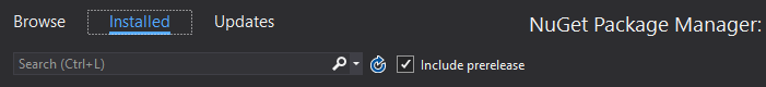 Visual Studio Manage NuGet dialog showing the installed tab selected