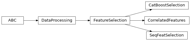 Inheritance diagram of raimitigations.dataprocessing.CatBoostSelection, raimitigations.dataprocessing.SeqFeatSelection, raimitigations.dataprocessing.CorrelatedFeatures