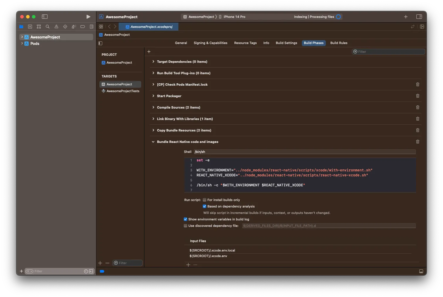 Screenshot of Xcode with ‘Bundle React Native code and images’ phase expanded.