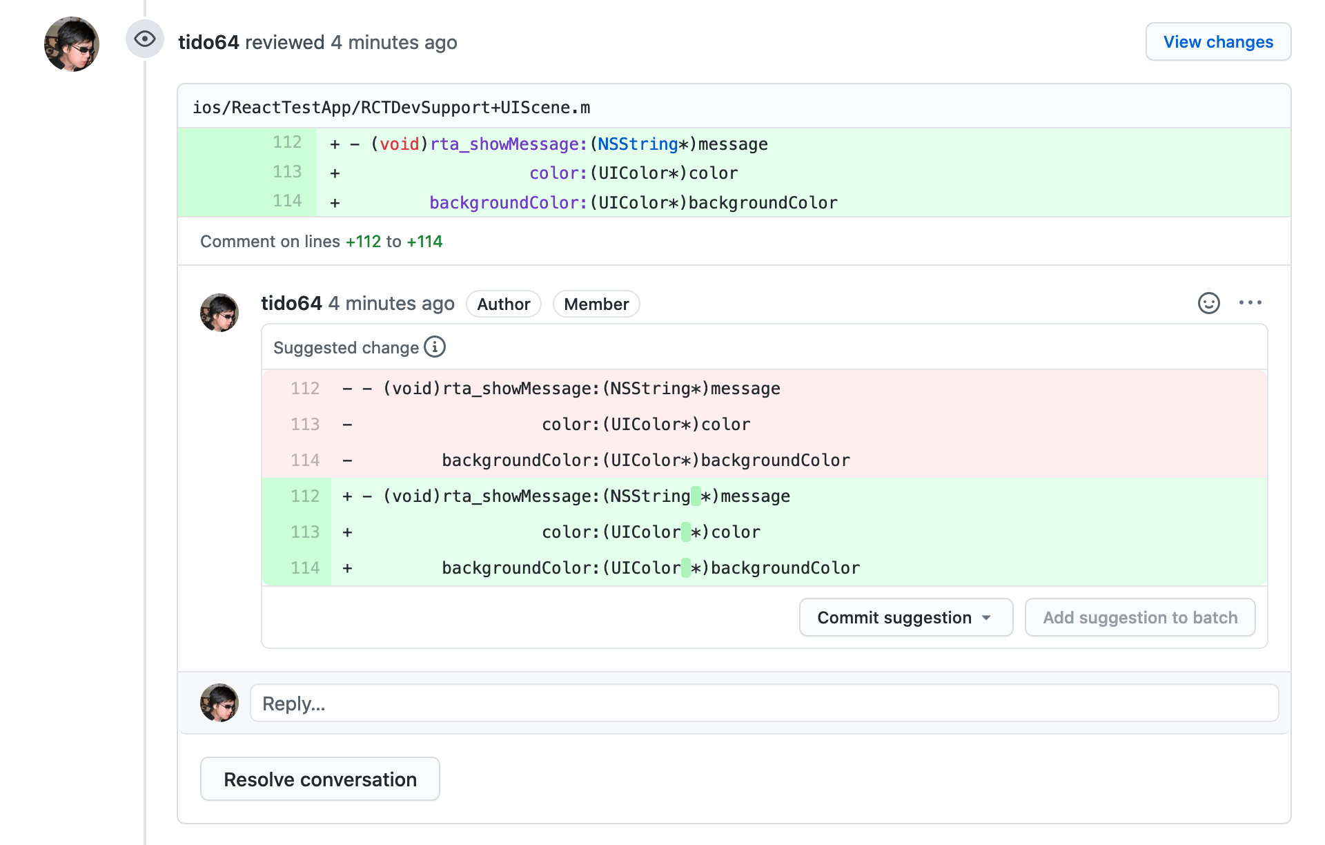 screenshot of code review with suggestions