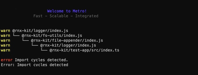 Image showing a cyclic dependency error. Test-app requires the logger package, which requires file-appender, which requires fs-utils, which requires logger again.