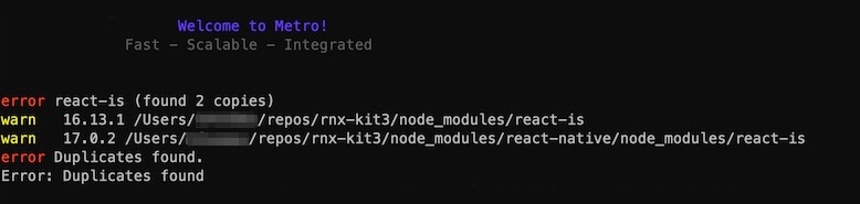 Image showing a duplicate dependency error. The package named react-is has been included in the bundle twice. Once as version 16.13.1, and once as version 17.0.2.