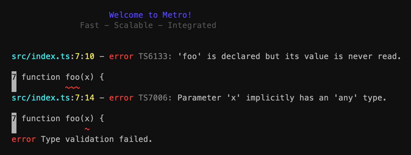Image showing TypeScript errors. Foo is declared but never used. Parameter x implicitly has an 'any' type.
