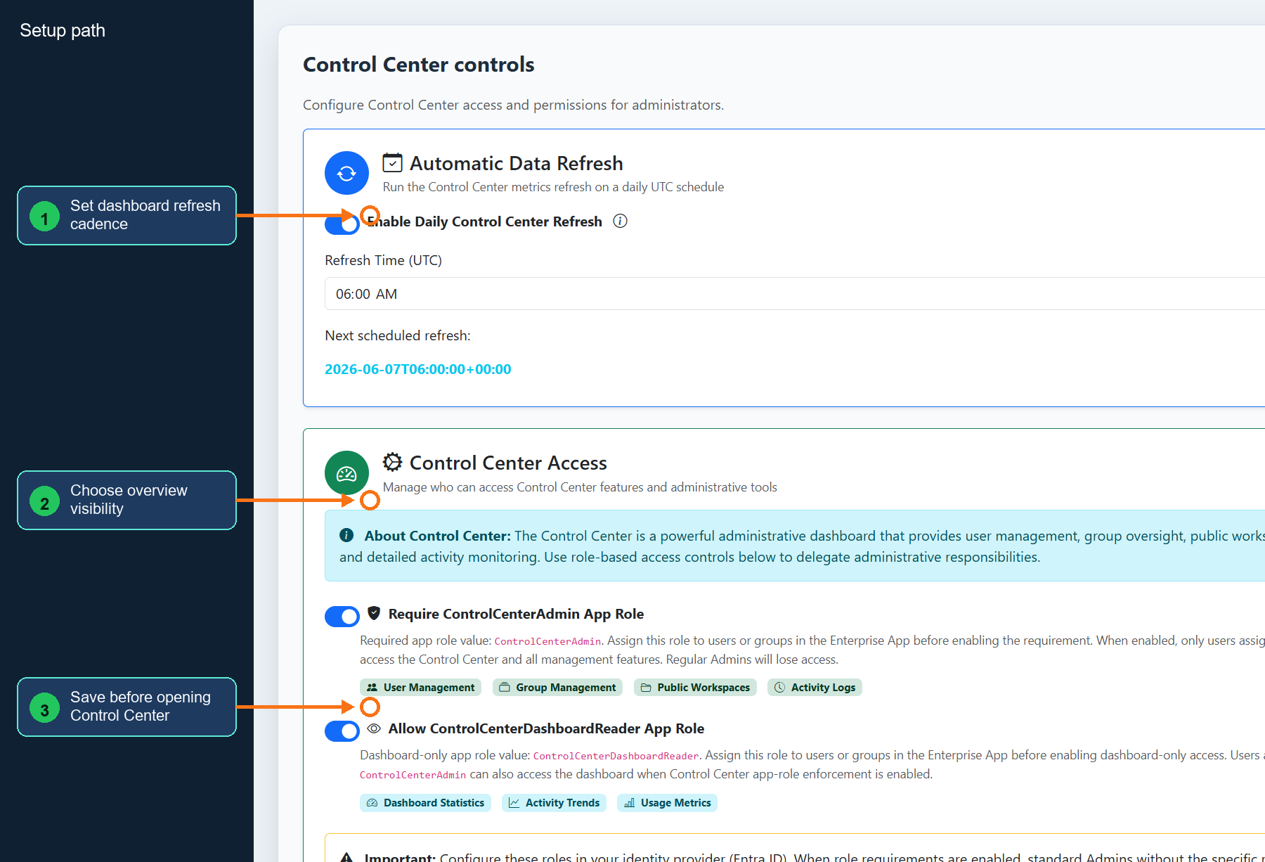 Annotated Control Center controls