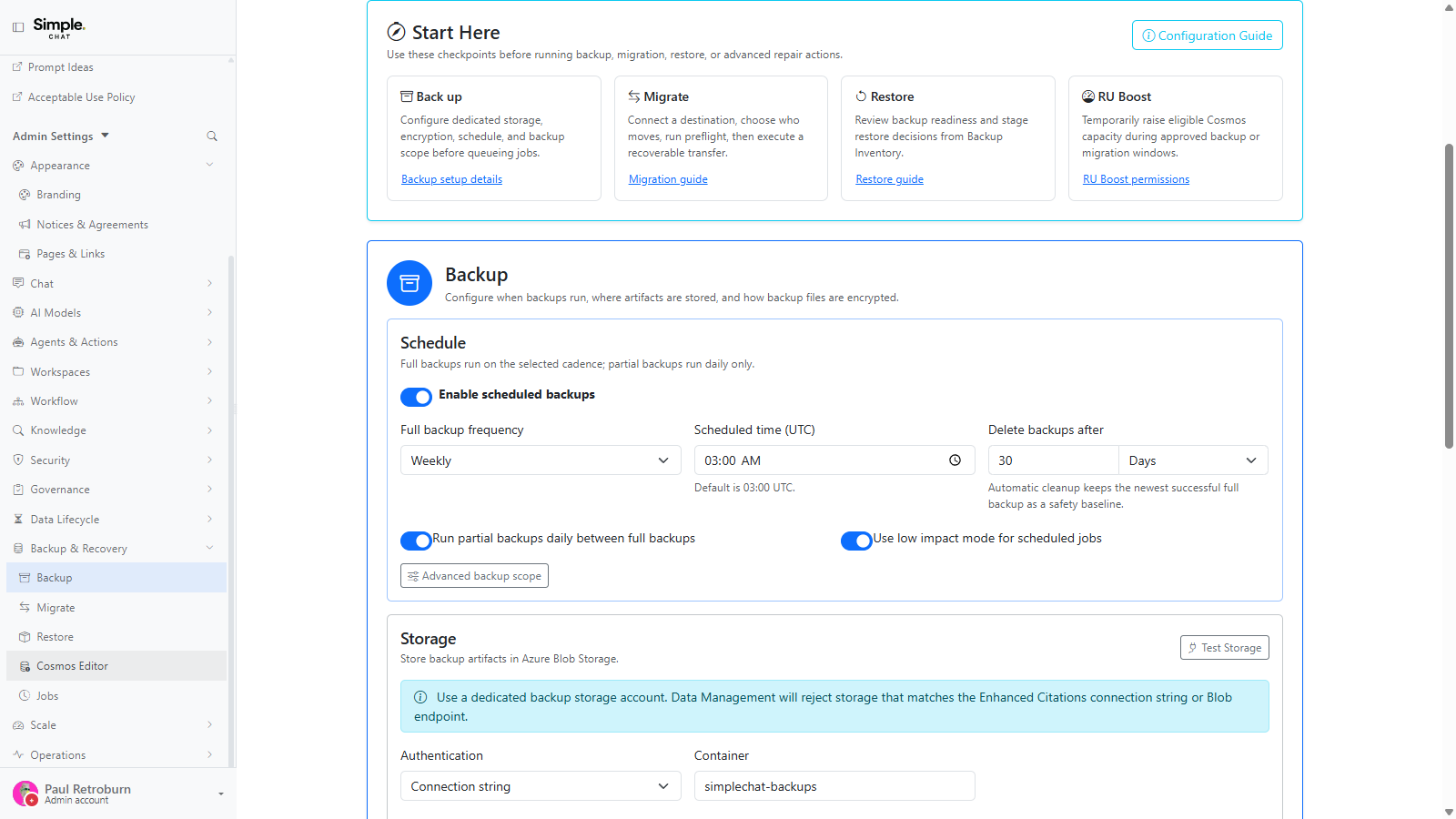 Screenshot placeholder for the Backup & Recovery group in Admin Settings.
