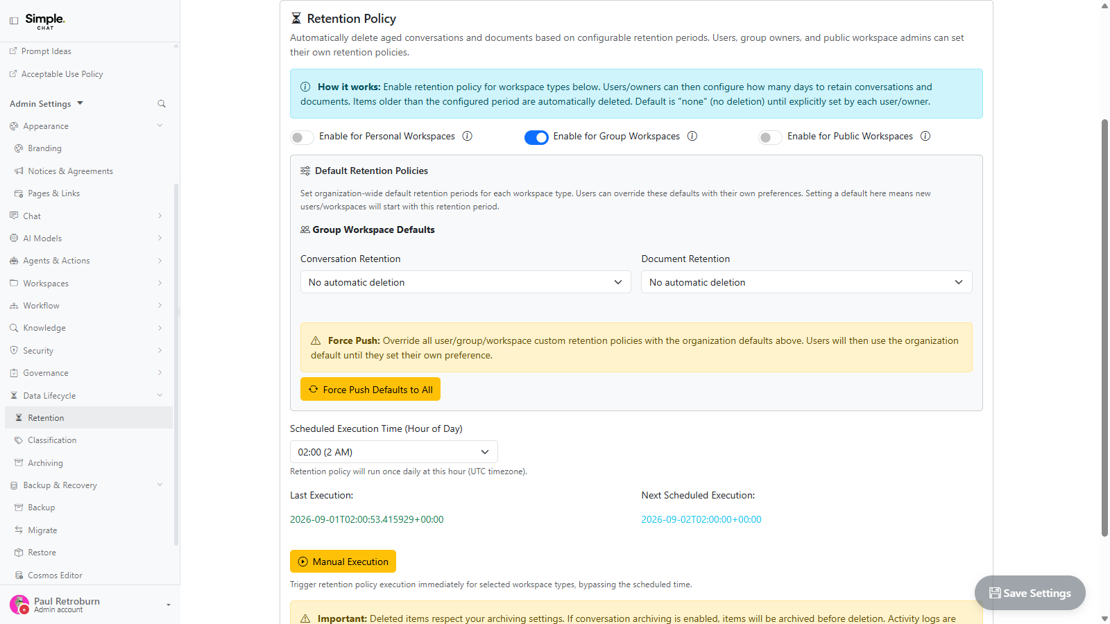 Screenshot placeholder for the Data Lifecycle group in Admin Settings.