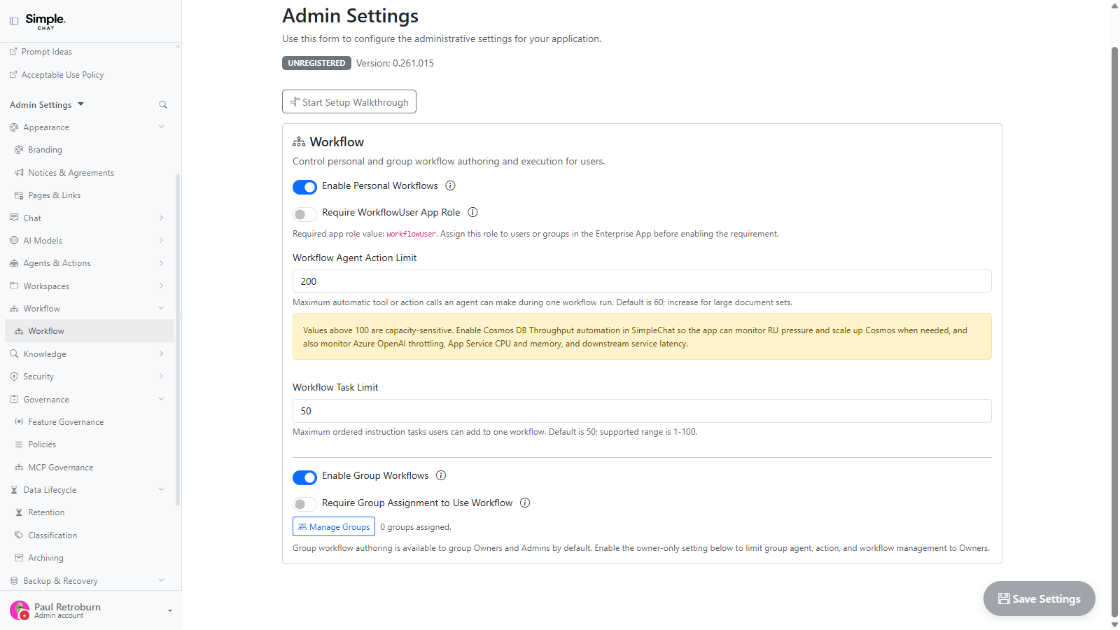 Screenshot placeholder for the Workflow group in Admin Settings.