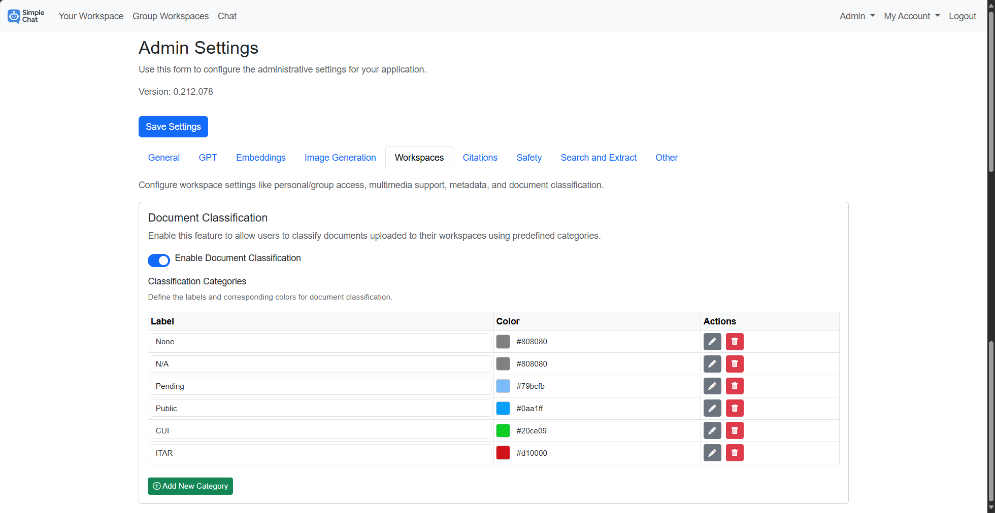 Admin settings - Enable and configure Document classification