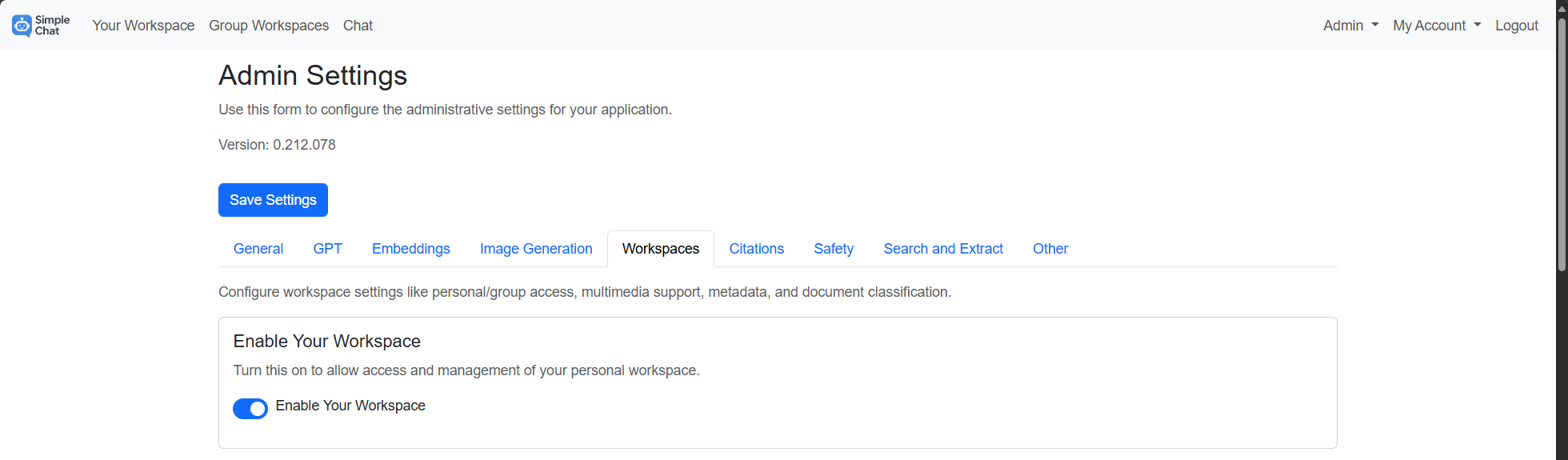 Admin Settings - Enable Workspace