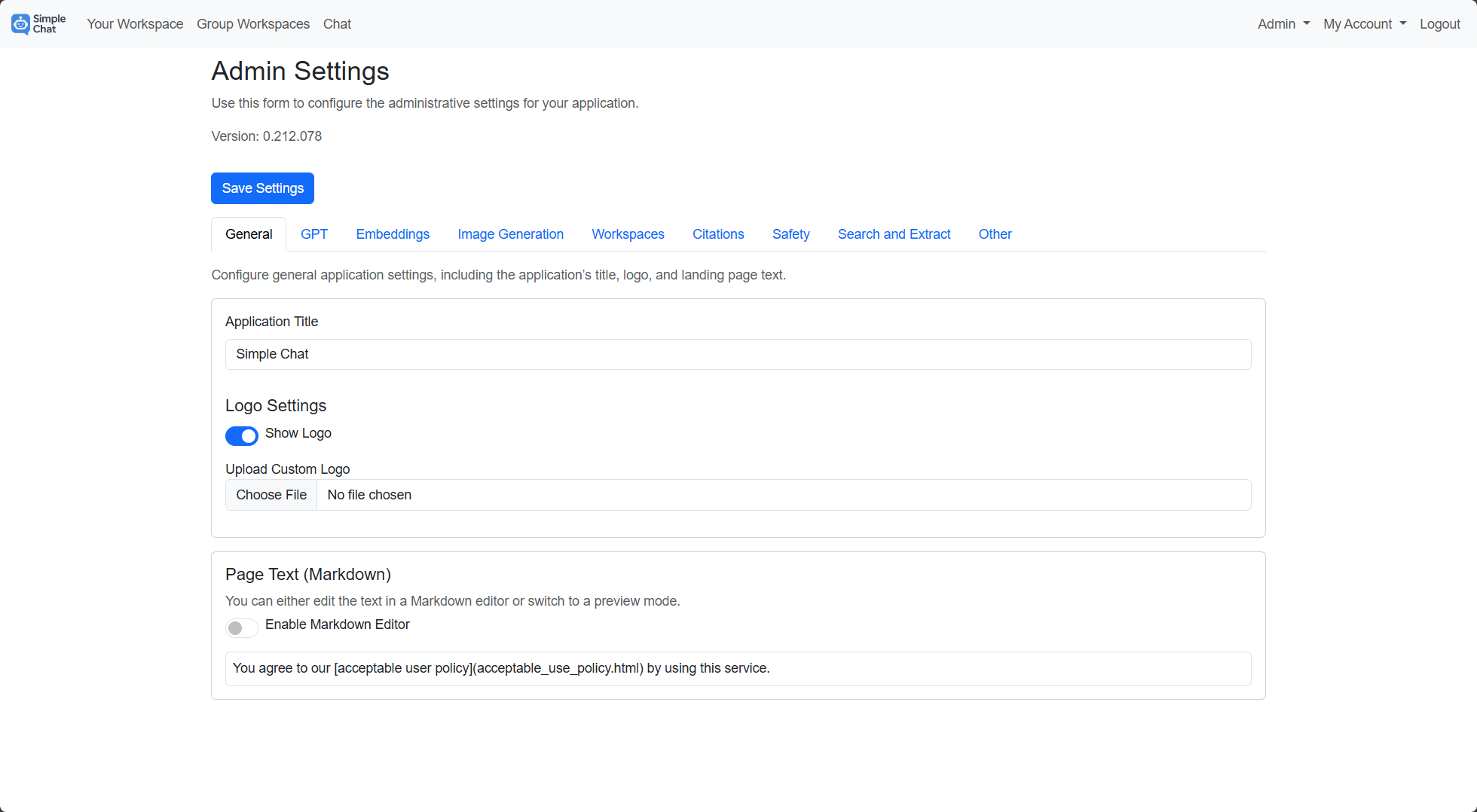 Admin settings page for Simple Chat.