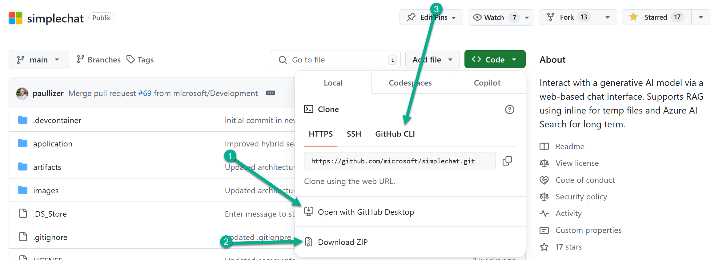 Clone the repo options in GitHub UI