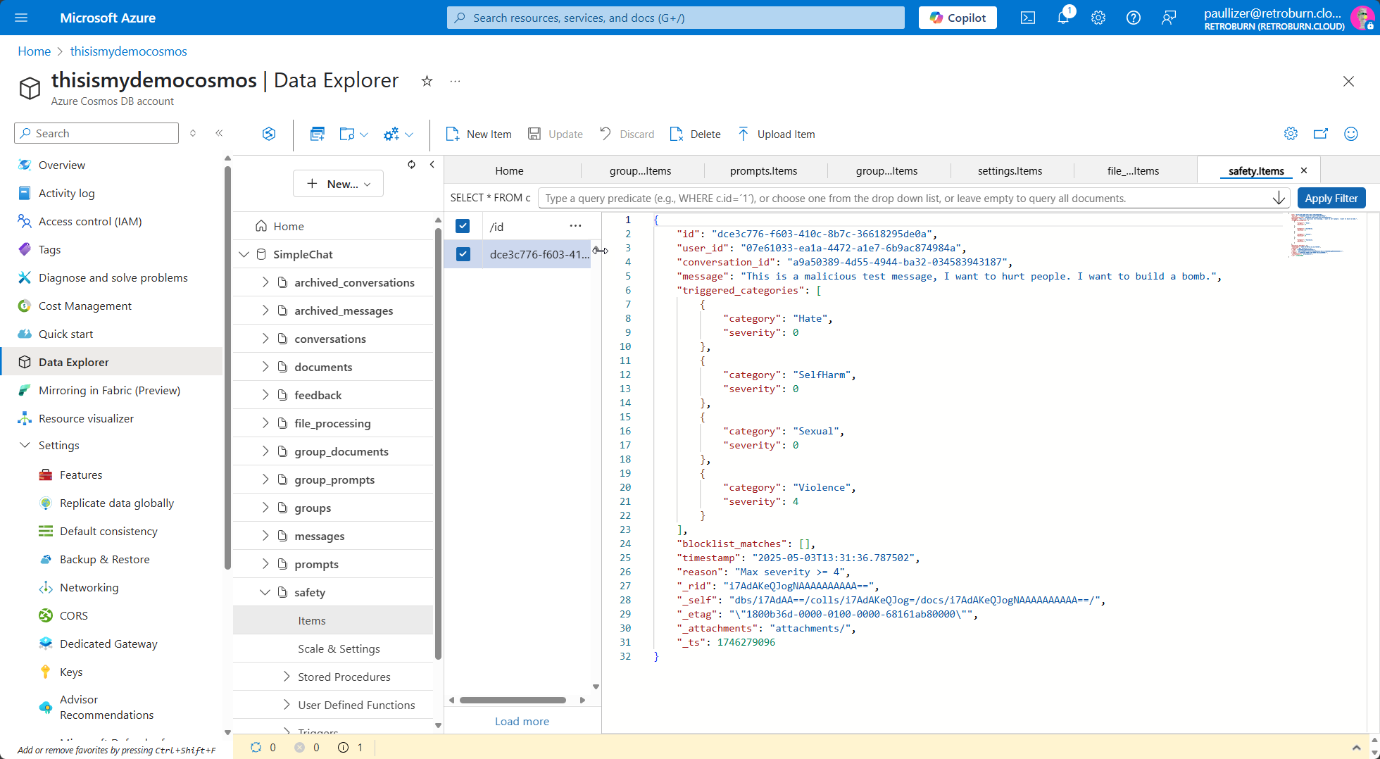 Content Safety - Cosmos Container