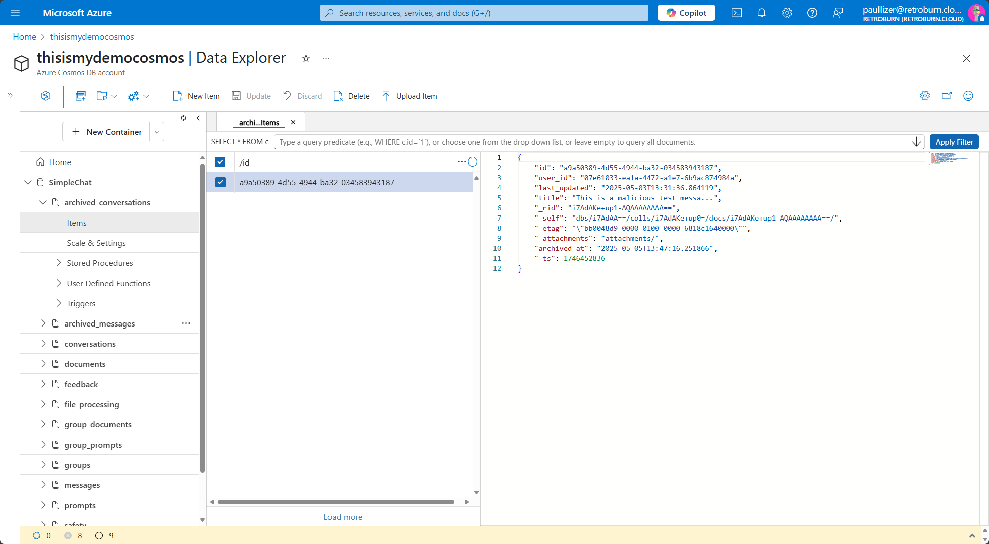 Cosmos container - View archived conversation
