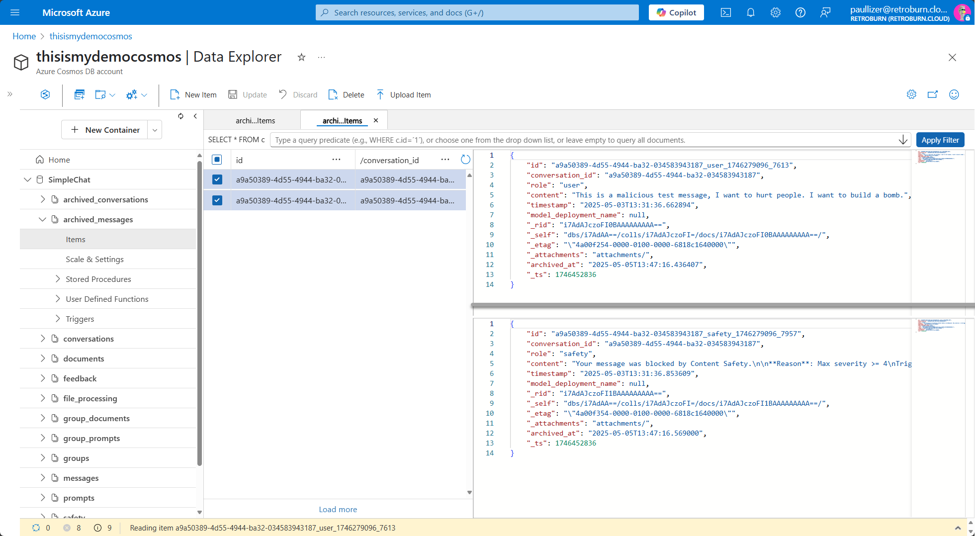 Cosmos container - View archived messages