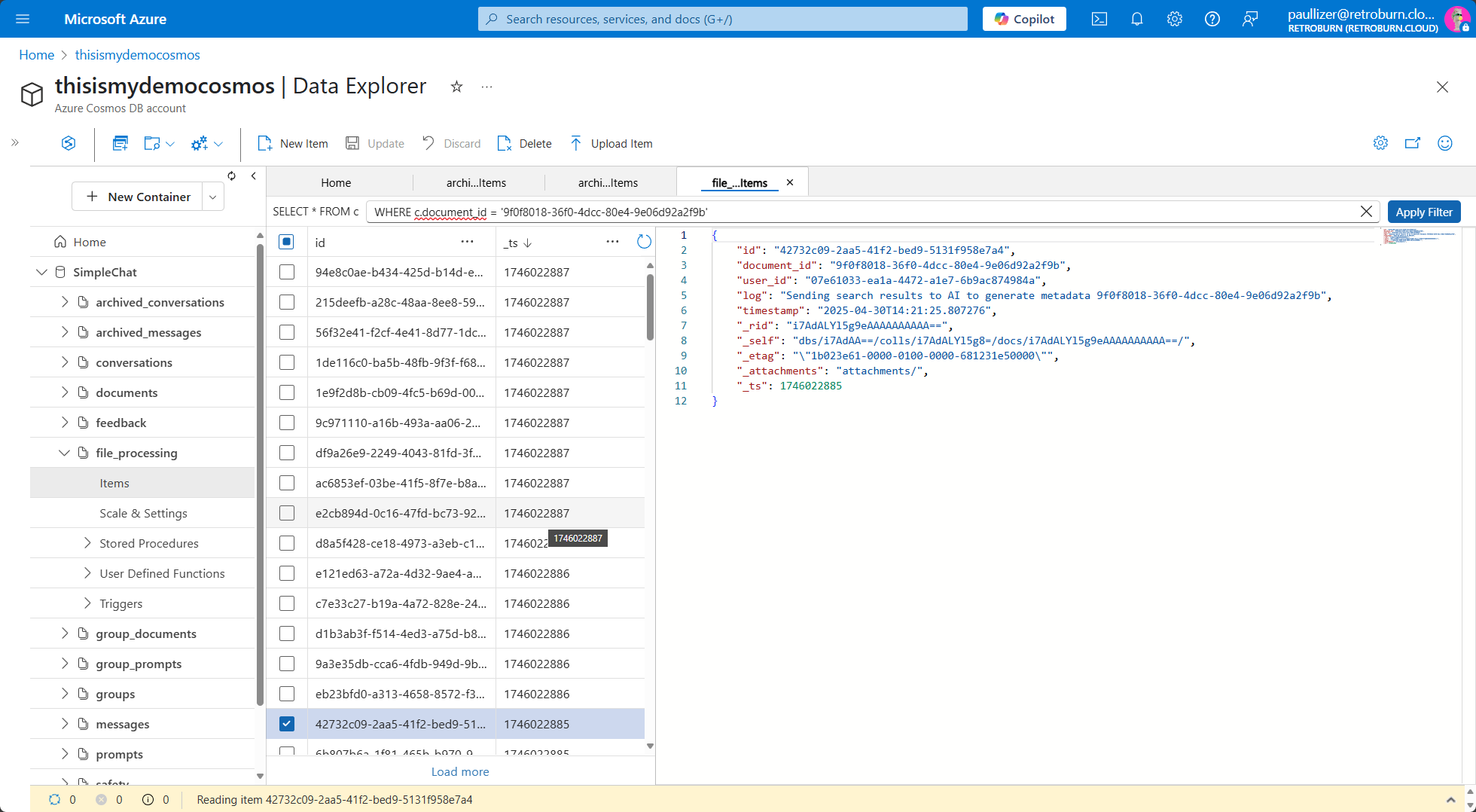 Cosmos container - View specific document's file processing logs