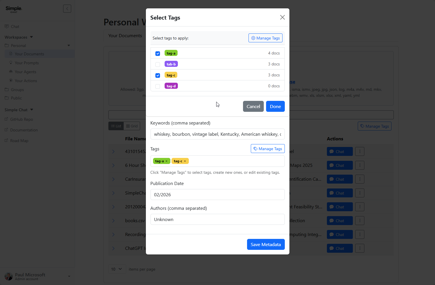 Tags, Grid View, and Chat Filtering | Simple Chat Documentation